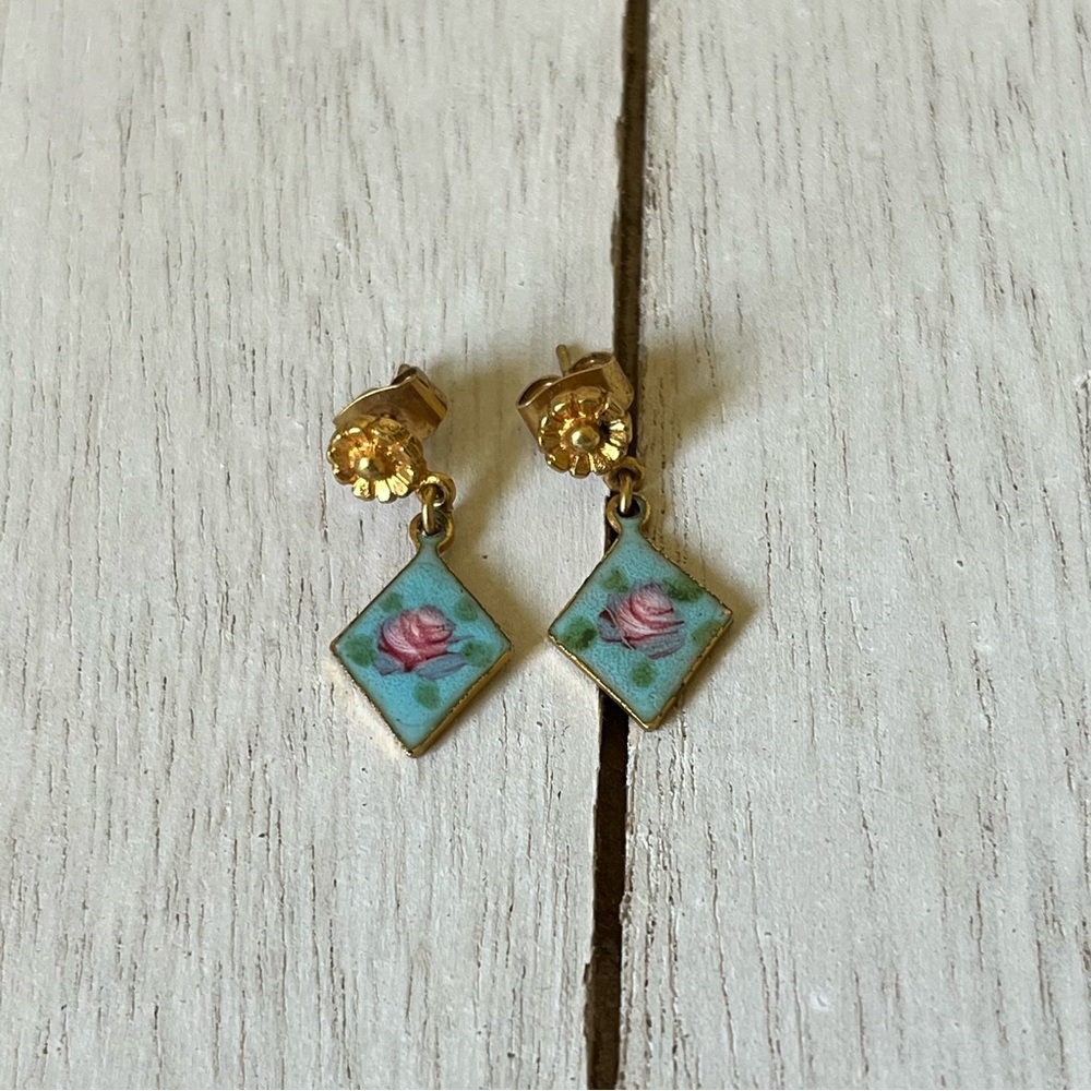 Blue and Gold enamel flower dangle Vintage-Inspired Floral Earrings